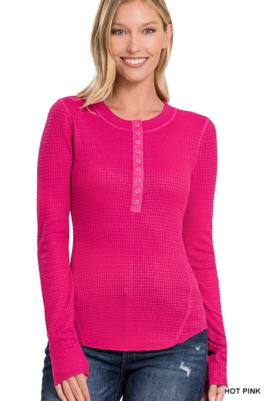 Waffle Snap Henley-Fuchsia